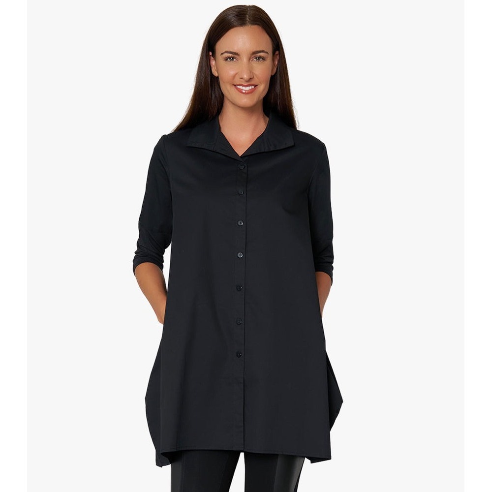 Stella Carakasi Black Mixed Media Pleated Back Tunic Shirt XL Side Pockets